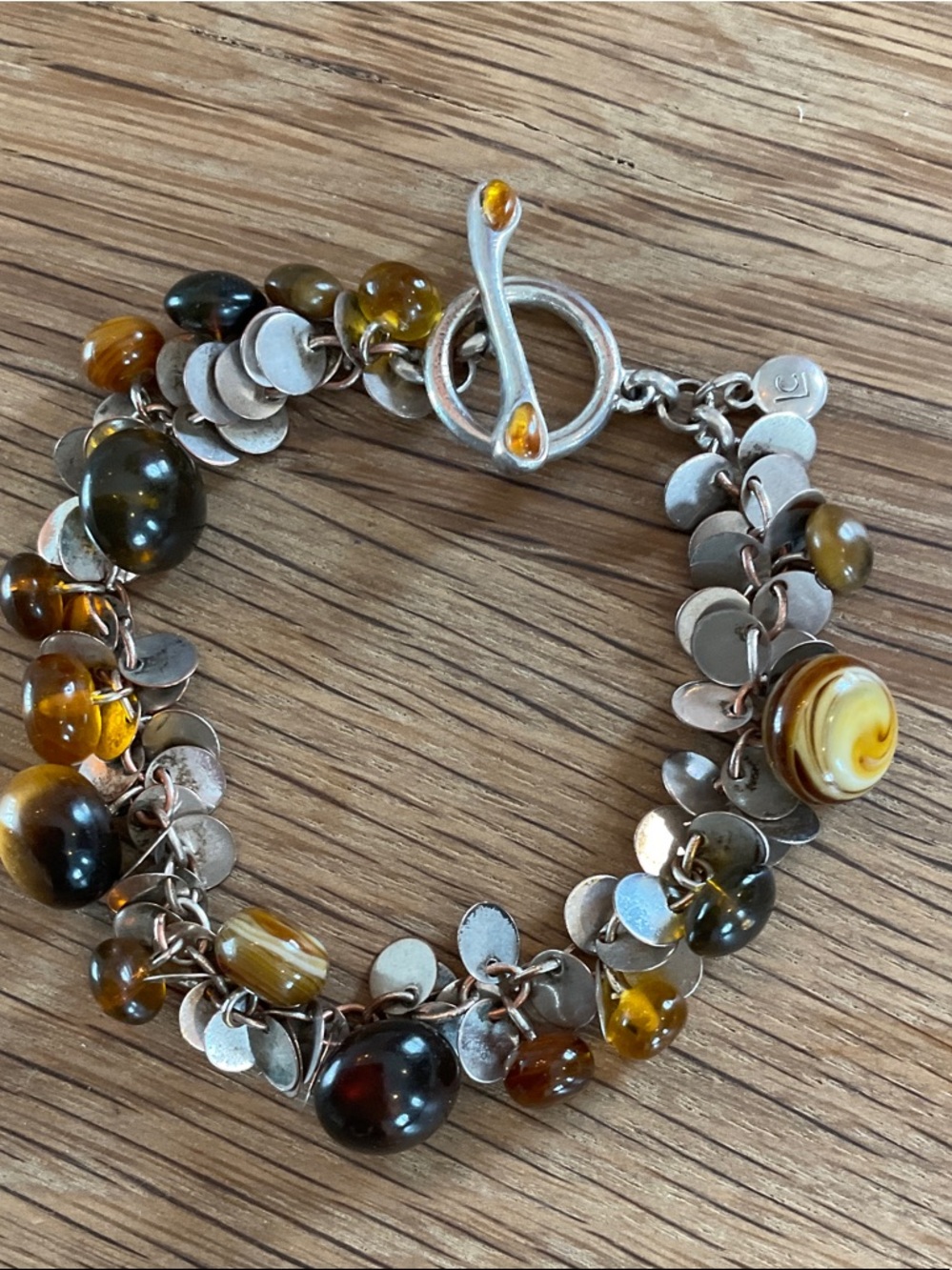 Liz Claiborne Silver Tone Real Amber & Glass Toggle Cha Cha Bracelet